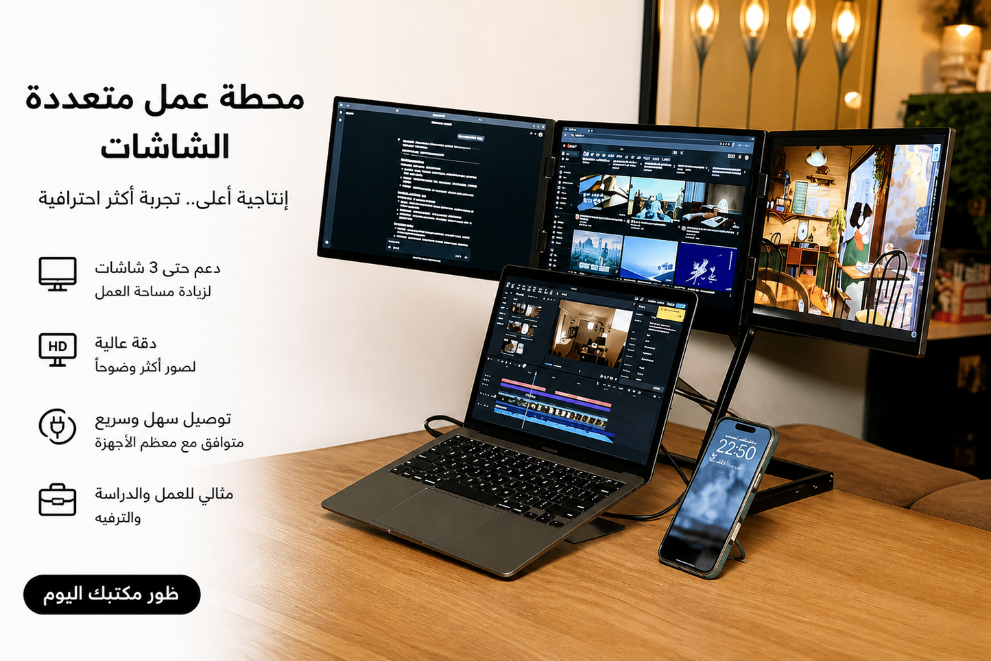 شاشة محمولة ثلاثية 15.6 بوصة للابتوب مع مجموعة ملحقات كاملة